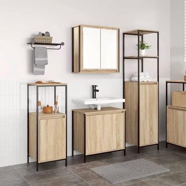 Set di mobili da bagno moderno vidaXL in legno e metallo marrone e nero L/P/H: 165 x 44,4 x 36 cm