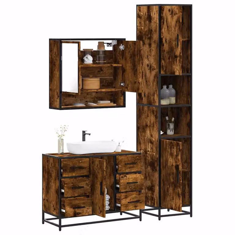 Set di mobili da bagno vidaXL in stile industriale composto da 3 pezzi in legno rovere e metallo, colore marrone, con armadietto a specchio, mobile lavabo e colonna alta
