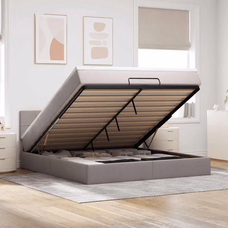 vidaXL Letto Contenitore con Materasso, Illuminazione LED Sottostante e Porte USB, Tessuto Tortora, L: 180 cm, P: 200 cm, H: 88 cm