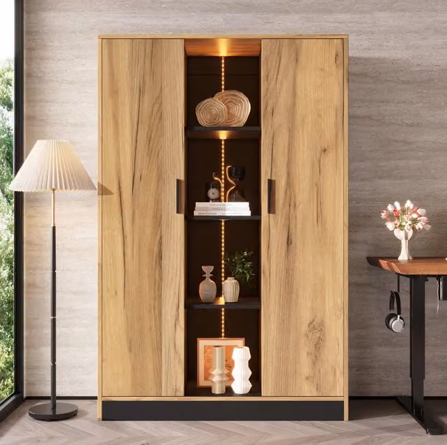 Mobile contenitore alto con LED; 2 ante e vano aperto; 95 x 35 x 160 cm; effetto rovere e nero