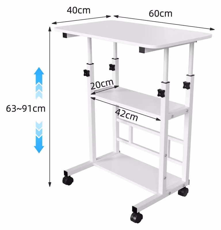 Tavolino con rotelle per divano e letto - Tavolino per laptop regolabile in altezza da 63 a 91 cm - Forma a U - 2 ripiani - 4 rotelle con freno - Struttura in metallo - Bianco