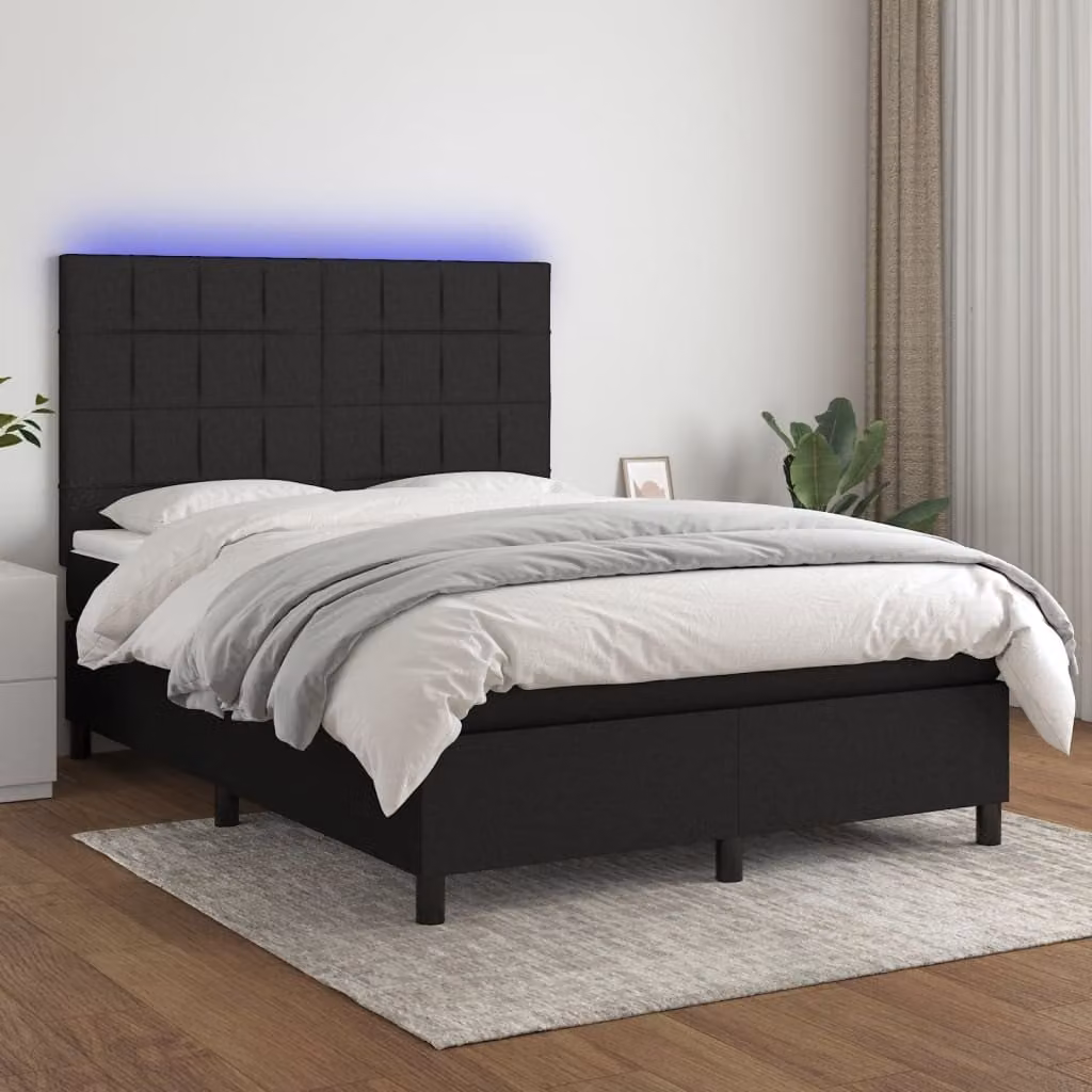 The Living Store Letto a molle con materasso e LED nero 140x190 cm in tessuto