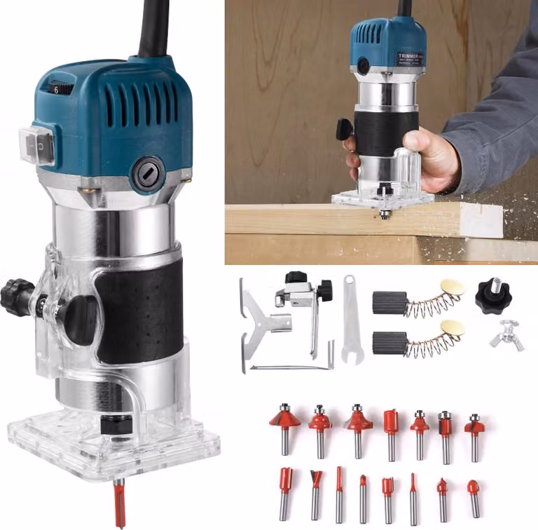 Fresatrice manuale - Fresatrice per bordi - 40.000 giri/min - Velocità variabile - 220 V - Con set di frese da 15 pezzi