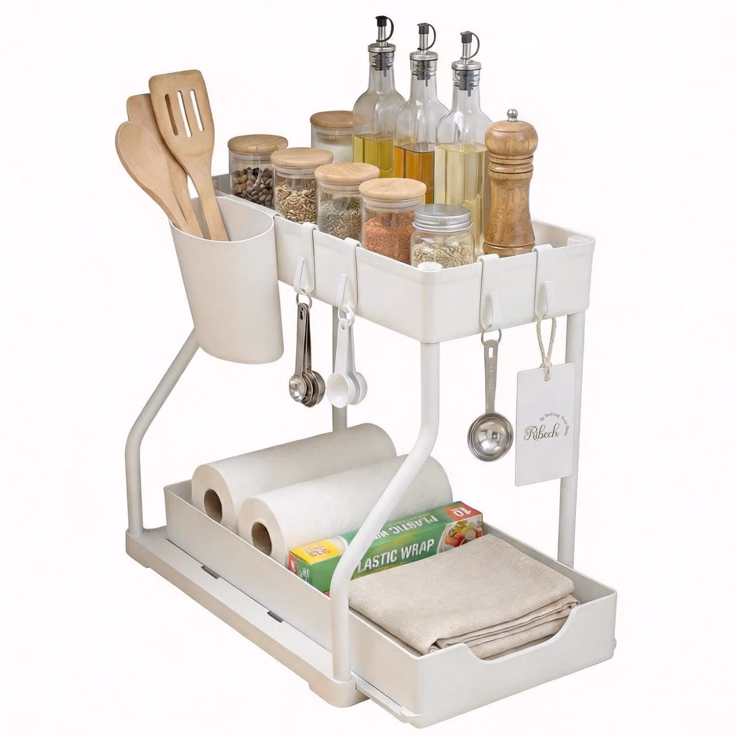 Ripiano sotto lavello, 2 livelli, estensibile, con cassetto e contenitore a parete, bianco, 37,5 x 20,5 x 33,5 cm
