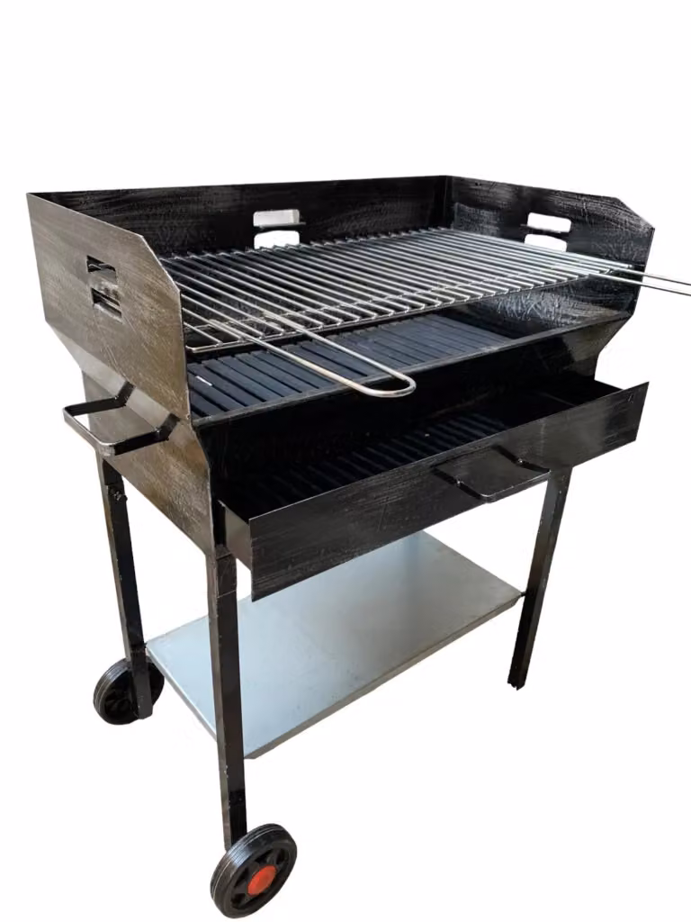 Barbecue a legna e carbonella in ferro nero con ruote, griglia in acciaio inossidabile e ripiano poggia utensili L: 70 cm, P: 38 cm – 2