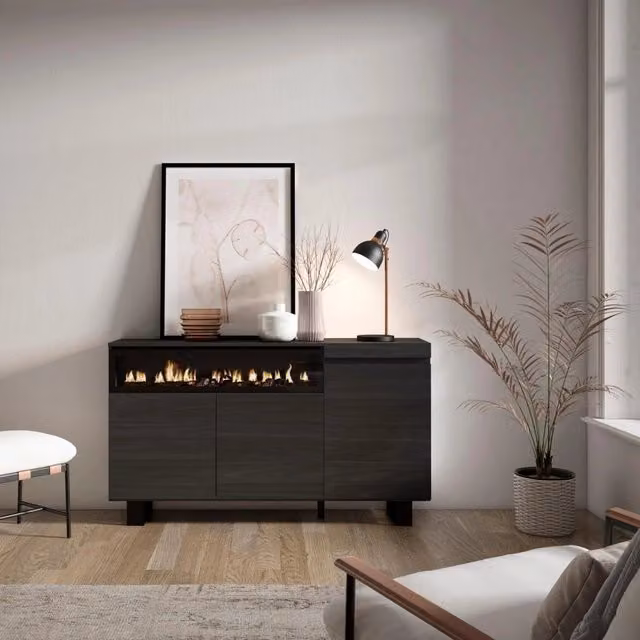 Credenza, Mobile, 150x35x87cm, 3 Porte, Camino elettrico, Design industriale, Nero RF2511
