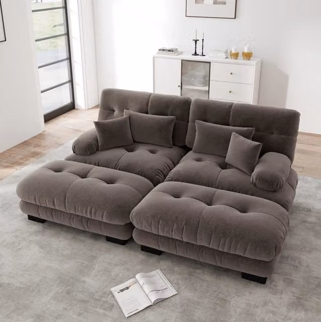 Divano modulare in ciniglia marrone con ottomane mobili; 220×145×81 cm