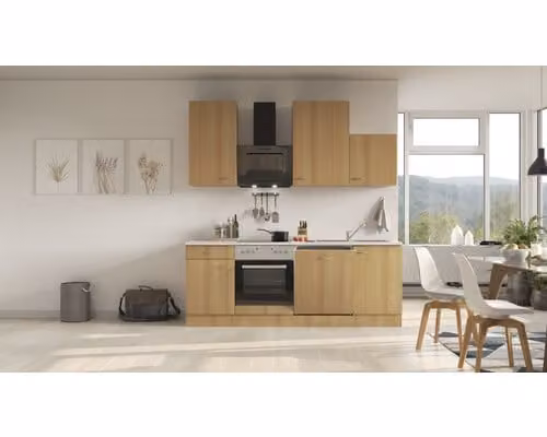 Blocco cucina con elettrodomestici Flex Well Nano 220 cm colore frontale faggio opaco colore mobile faggio