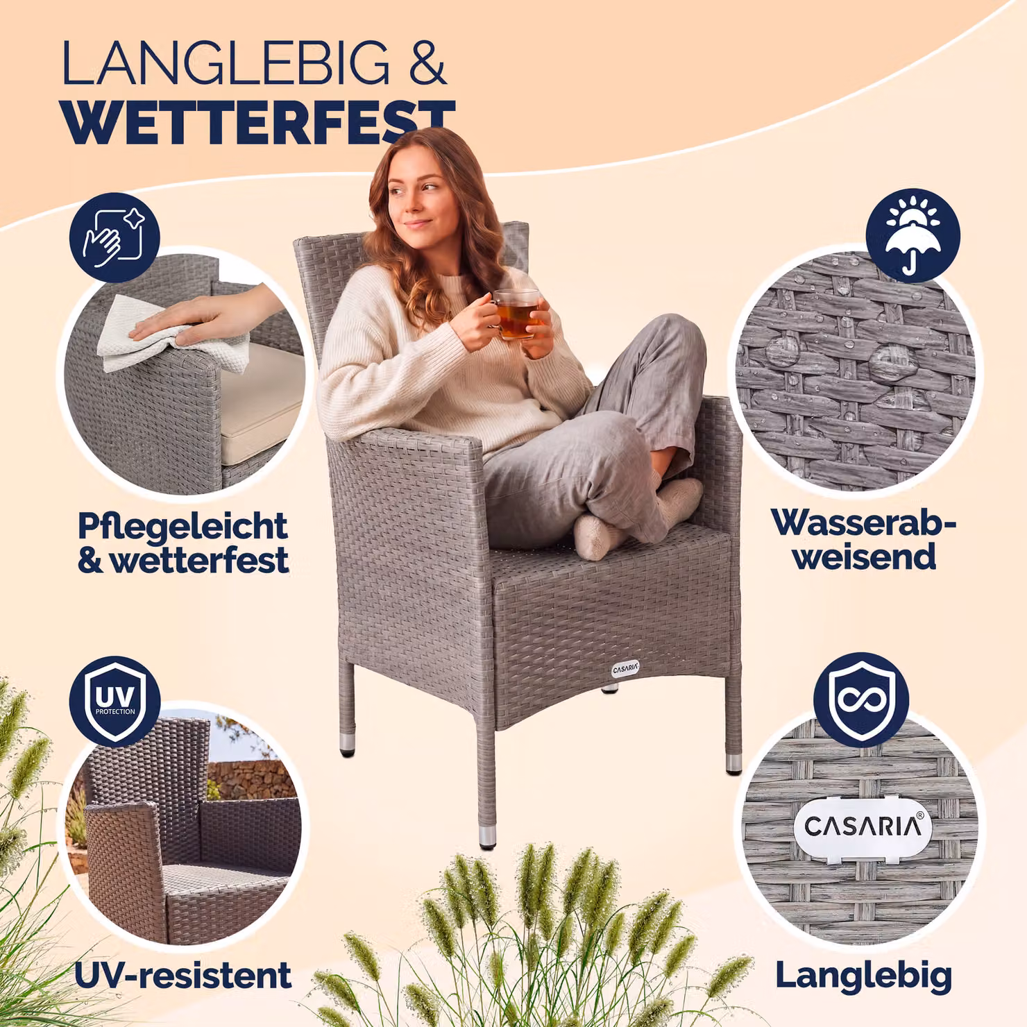 Set di 3 sedie da giardino Casaria in polyrattan beige, impilabili e resistenti alle intemperie – 2