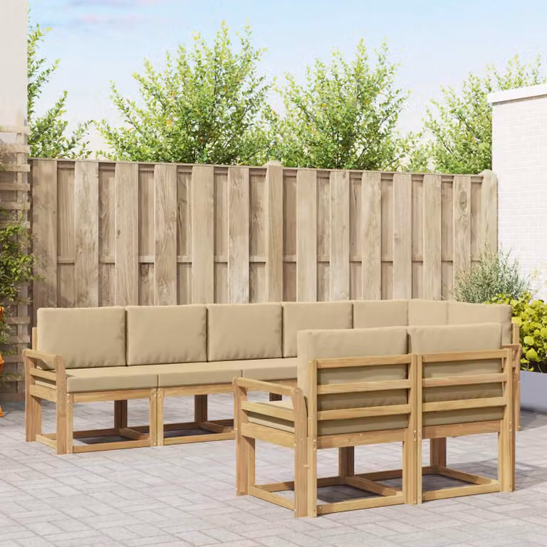 vidaXL Set di divani da esterno a forma di U composto da 8 pezzi in legno di acacia con cuscini in poliestere bianco e beige