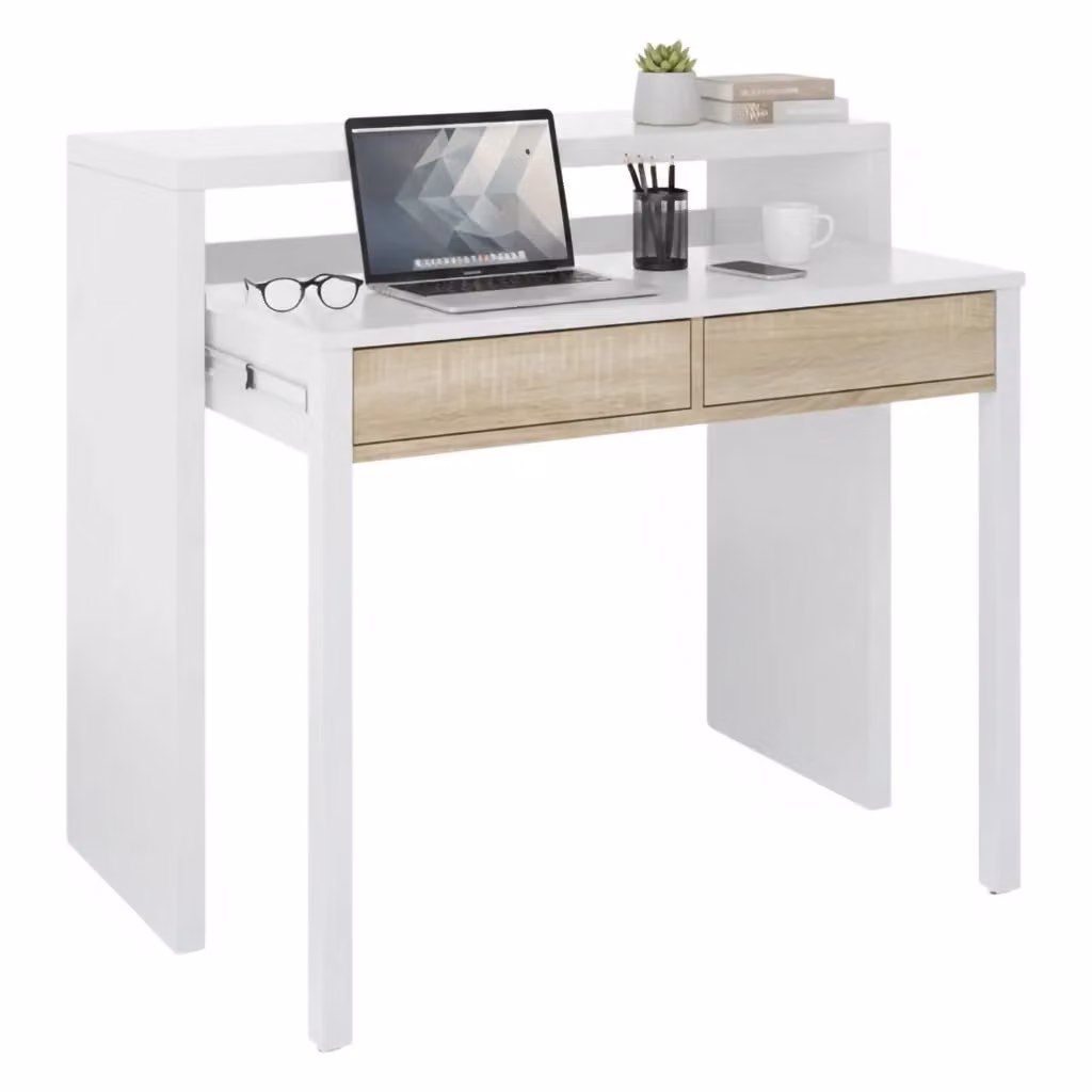 Scrivania Consolle Andriy DMORA con piano estensibile e 2 cassetti, Bianco e Rovere, L: 99 cm, P: 36 cm, H: 88 cm – 2