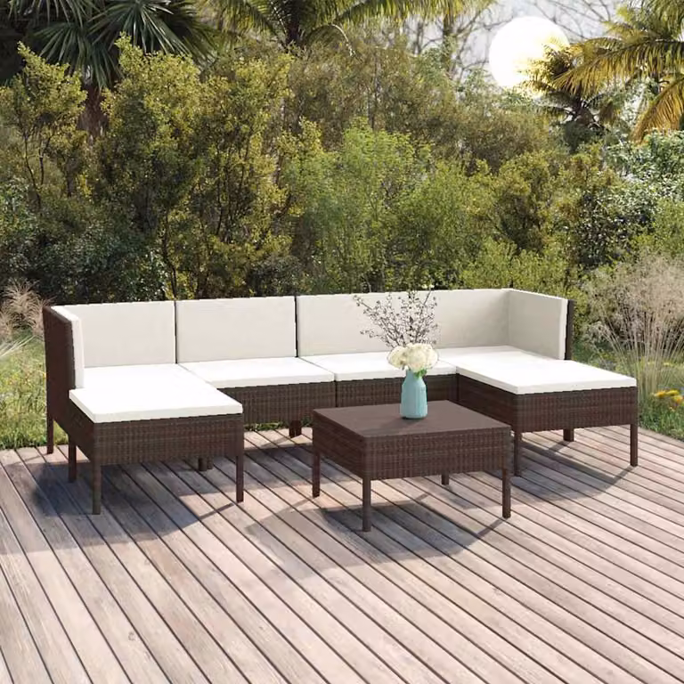 Set Divani da Giardino vidaXL 7 Pezzi in Polyrattan Marrone e Bianco con Cuscini e Tavolino da Caffè