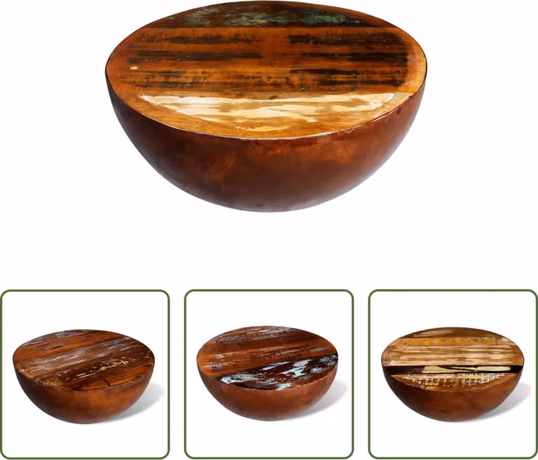 The Living Store Tavolino a forma di ciotola con base in acciaio in legno massiccio antico