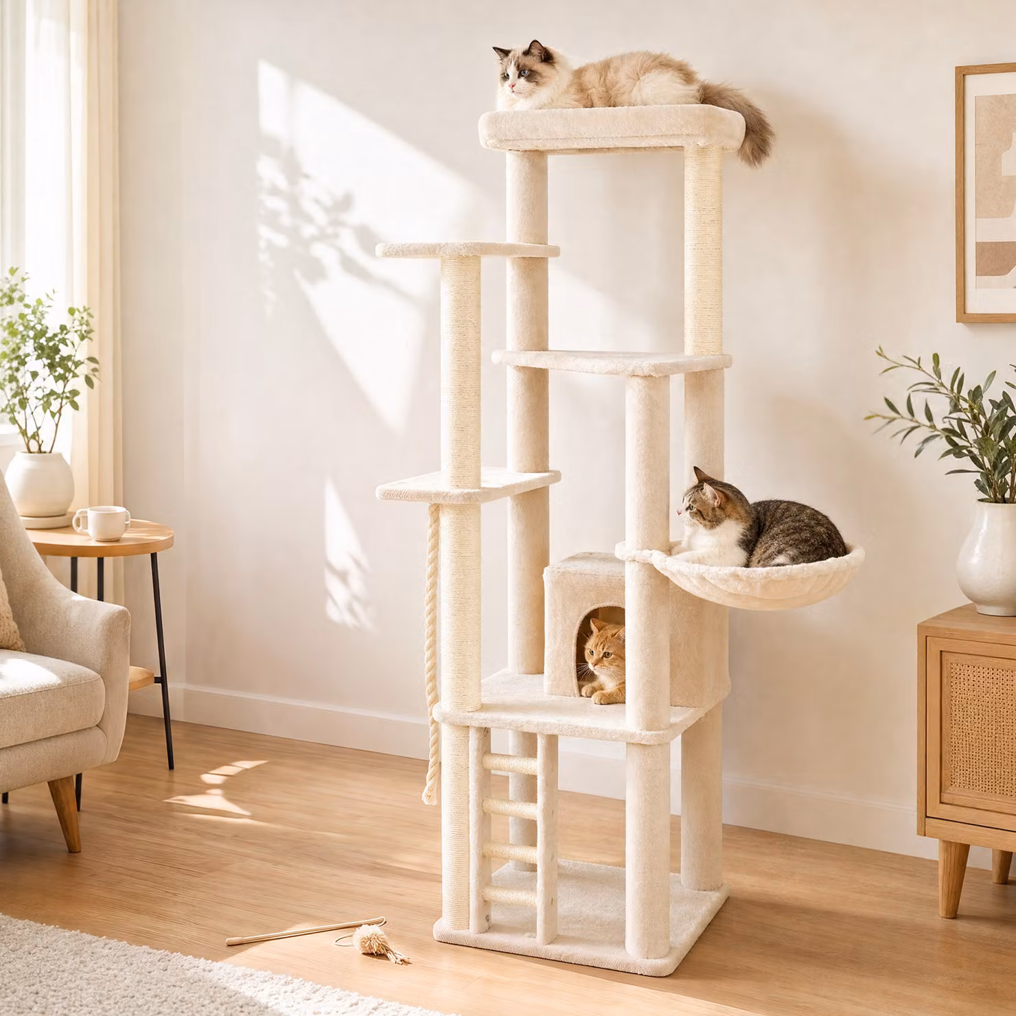 Albero per gatti da interno Costway beige con 5 piattaforme di salto, amaca e tiragraffi, Altezza: 194 cm