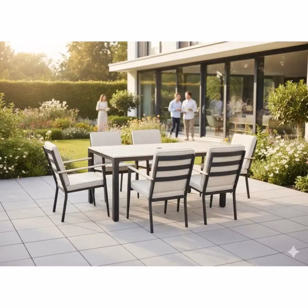 Set da giardino Meublorama VARENA composto da tavolo rettangolare e 6 sedie in alluminio verniciato nero e beige – 2