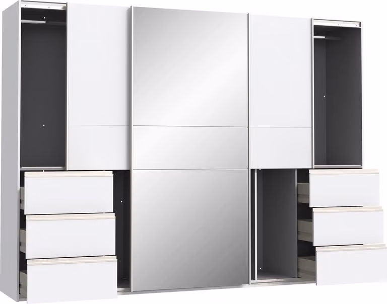 Armadio ad ante scorrevoli - 270 x 201 cm - 6 cassetti - bianco opaco - con specchio