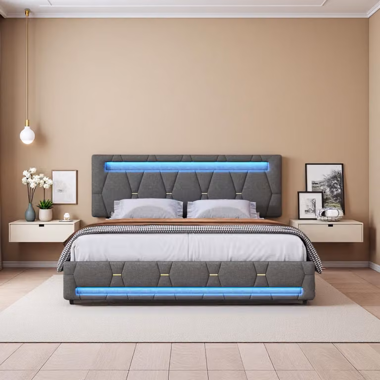 Letto box grigio 140x200 cm con LED RGB, 4 cassetti, tessuto di lino, testata regolabile, luce controllata da telecomando e app