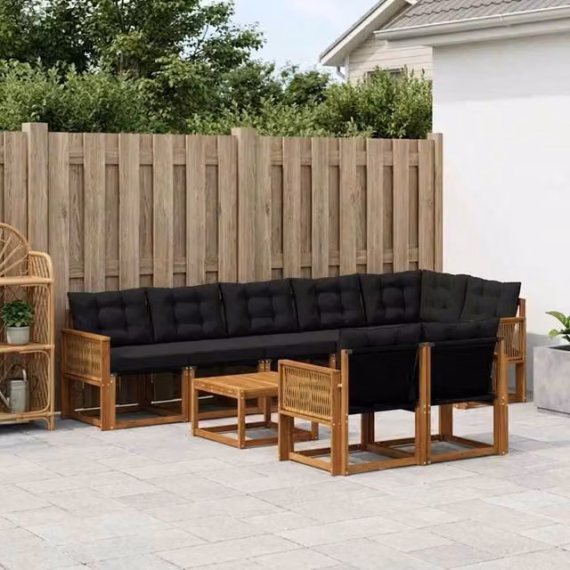 Set di divani da esterno a L vidaXL in legno di acacia con tavolino da caffè e cuscini, marrone e nero – 1