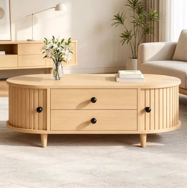 Tavolino da caffè 100×50×36 cm effetto legno chiaro con ante avvolgibili e 2 cassetti