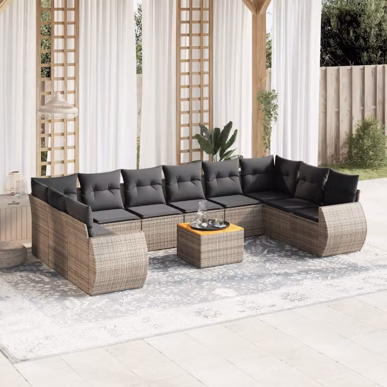 vidaXL Set Divani da Giardino 11 pz in Polyrattan Grigio con Cuscini e Tavolino