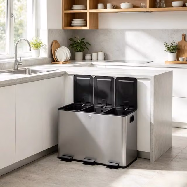 Pattumiera da cucina con sistema di raccolta differenziata a 3 scomparti da 10 L ciascuno, secchi interni estraibili
