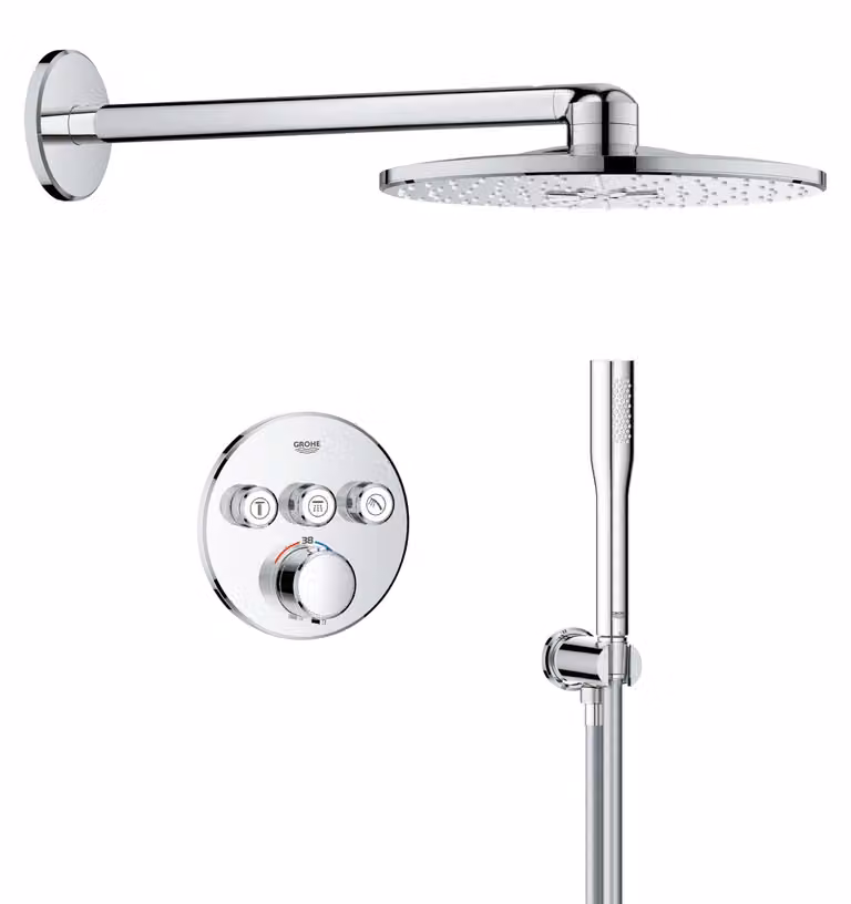 Sistema doccia da incasso con 3 getti, termostato, soffione da 31 cm, finitura cromata