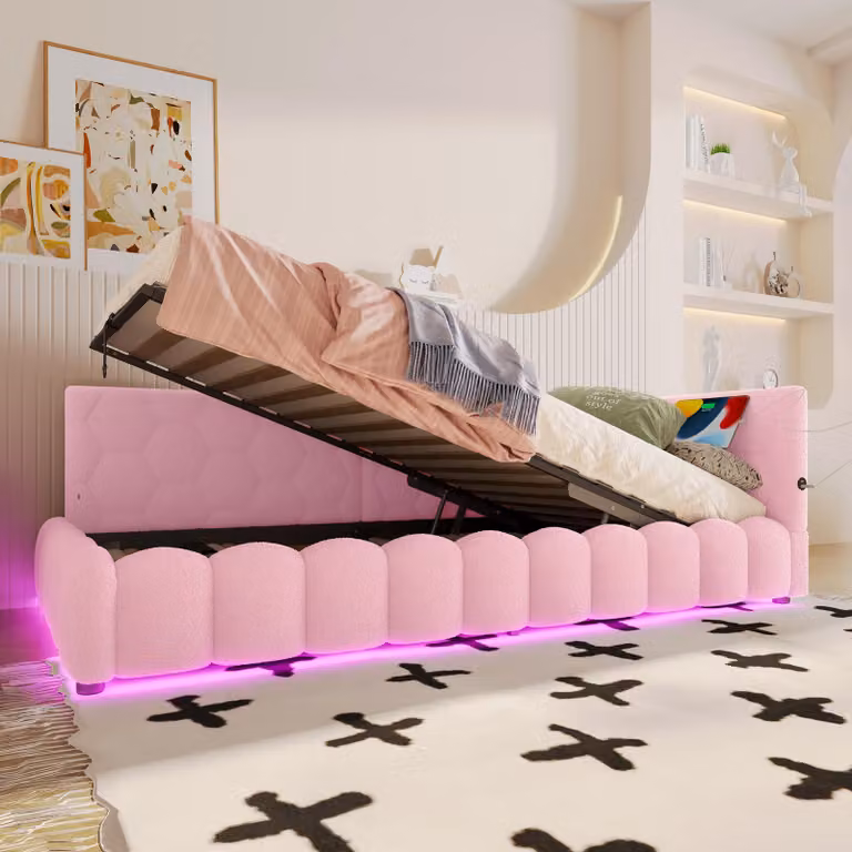 Letto a giorno 90x200 cm con spazio contenitore a sollevamento idraulico, striscia LED, porte USB e Type-C, rete a doghe, rivestimento in tessuto simile al velluto, colore rosa, senza materasso