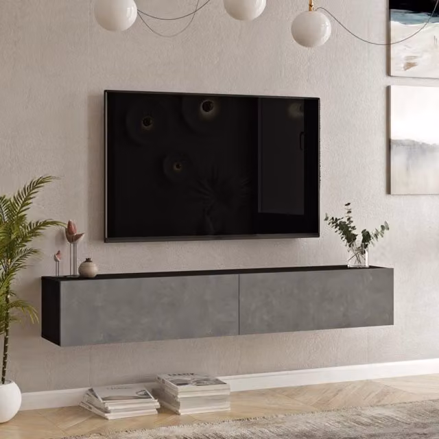Mobile Porta TV Lapinlahti en.casa con 2 Ante a Ribalta, Consolle da Parete Moderna Nero/Effetto Cemento, L: 180 cm, P: 31,5 cm, H: 29,5 cm