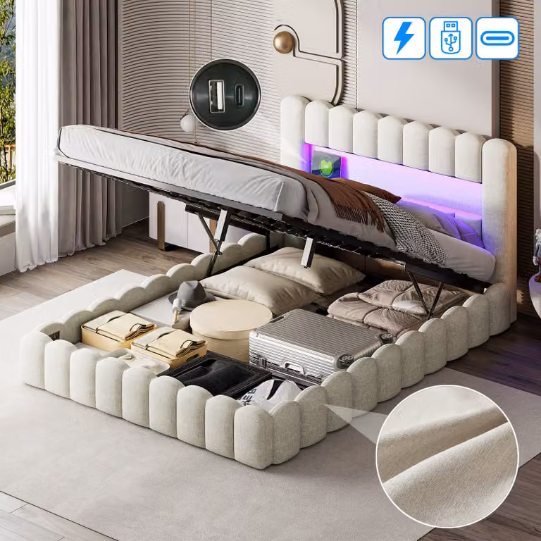 Letto imbottito CDGlobal 180x200cm, letto matrimoniale con contenitore e rete a doghe, testata con illuminazione a LED, funzione di ricarica USB e vano portaoggetti, spalliera idraulica del letto Beige