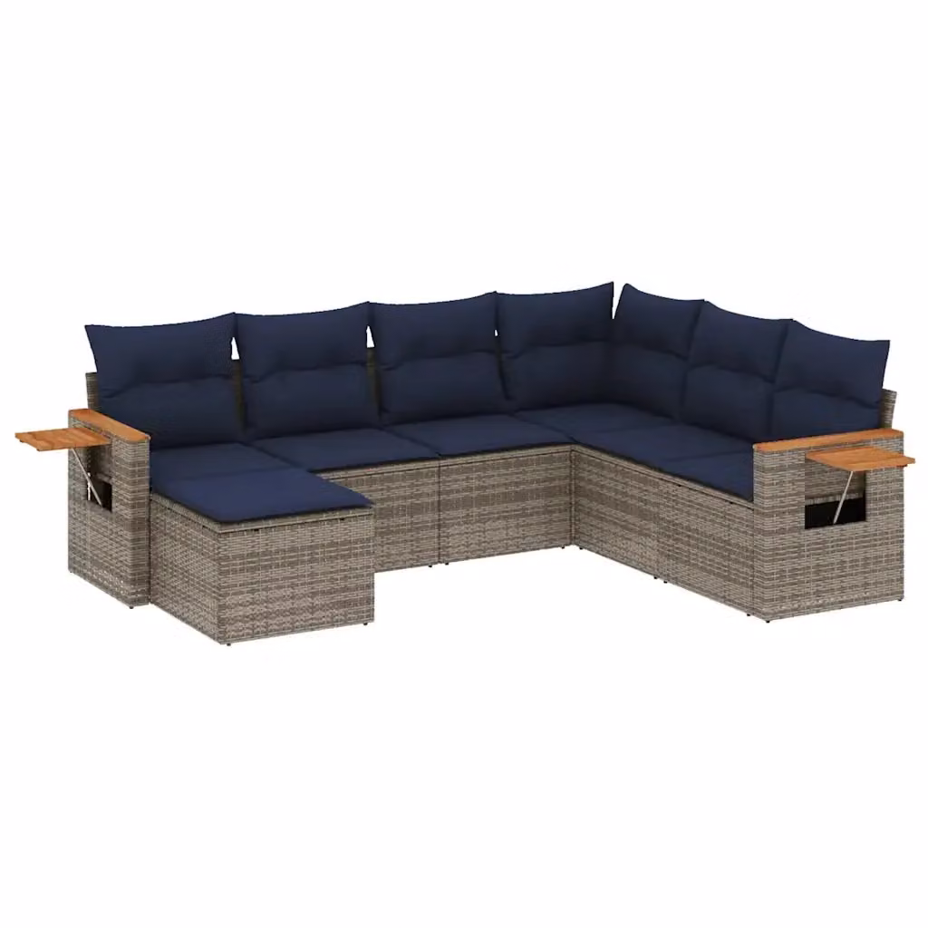 vidaXL Set di Divani da Giardino a L 7 pz in Polyrattan con Cuscini Grigio e Blu – 2