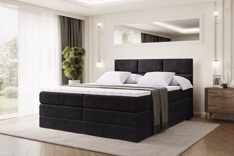 Letto boxspring ALTDECOR con 2 materassi e topper - 120x200 cm - OHIO KING - Velluto nero - Letto imbottito con materassi H3 e H4, contenitore e rete a doghe, letto con spazio contenitivo
