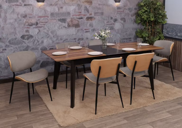 Set di 6 sedie da pranzo, modello HWC-O45, struttura in legno di faggio, rivestimento in tessuto (370g/m²), , colore: naturale, grigio chiaro