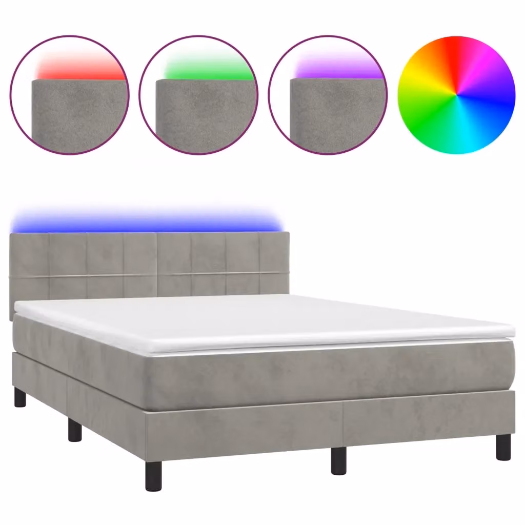 vidaXL Letto Ibrido con Materasso e Illuminazione LED in Velluto Grigio Chiaro L/P/H: 203 x 144 x 88 cm – 2