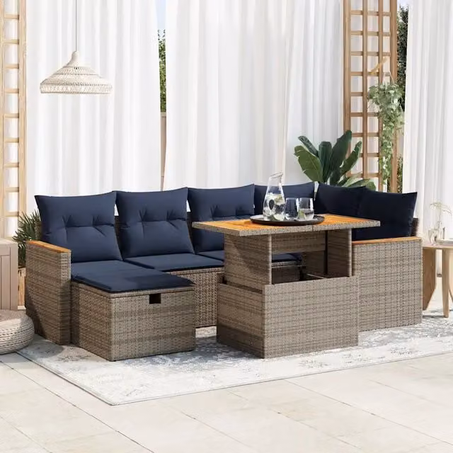 Set Divani da Giardino con Cuscini 7pz Grigio Polyrattan Acacia 3328118