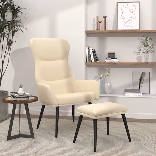 Poltrona Relax con Poggiapiedi Integrato in Tessuto Beige con Struttura in Metallo e MDF