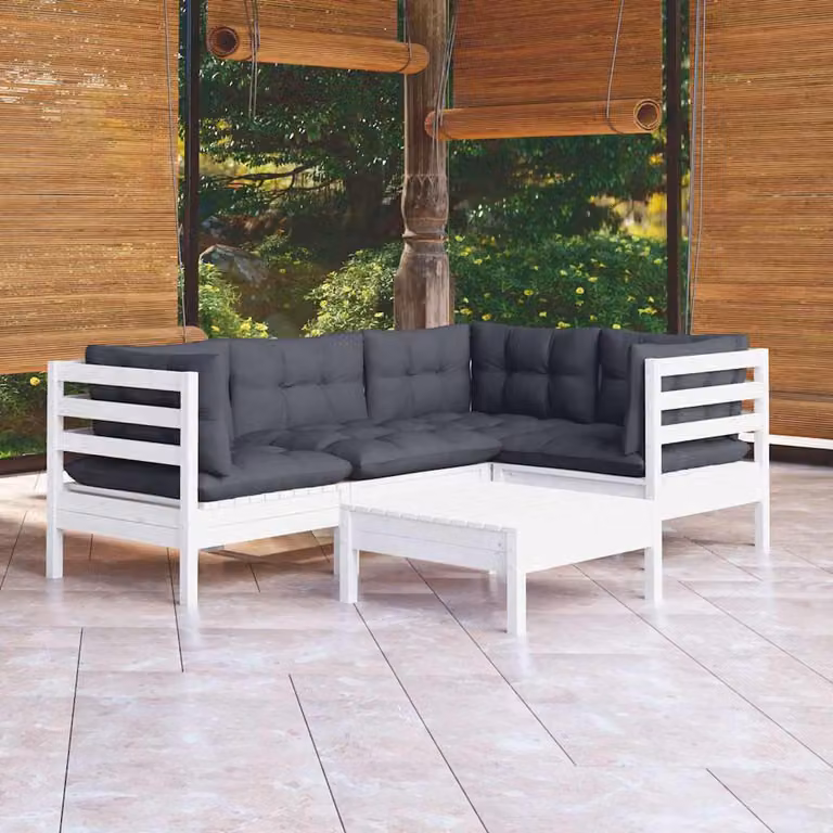 Set di divani da giardino vidaXL a forma di L composto da 5 pezzi con cuscini bianchi e antracite in legno di pino trattato