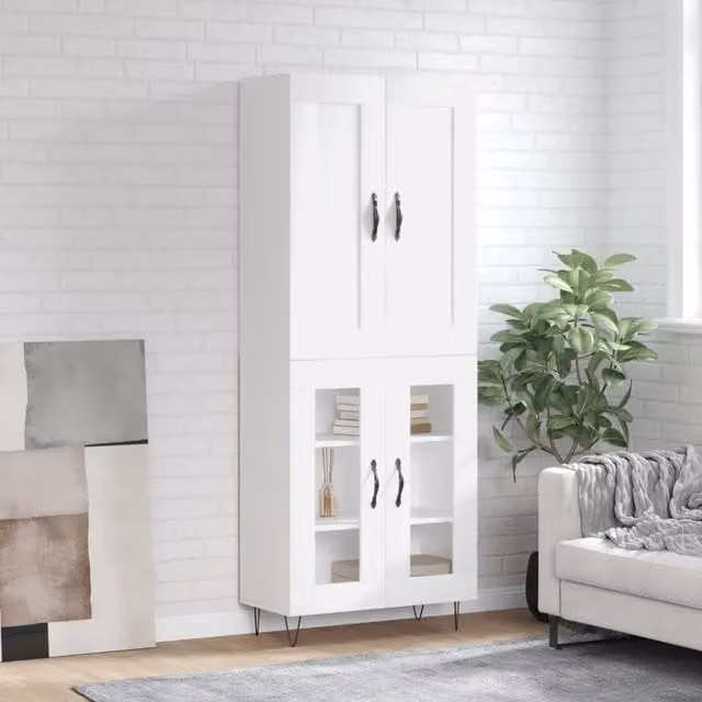 Credenza Buffet Armadio da Cucina Design Mania Bianca in Legno Multistrato con Ante in Vetro L: 69,5 cm, P: 34 cm, H: 180 cm