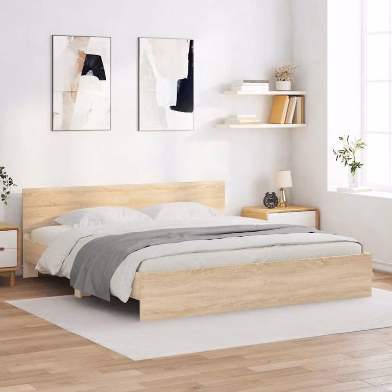 Struttura letto con testata vidaXL in legno Sonoma, colore marrone e beige, L: 198 cm, P: 140 cm, H: 206 cm