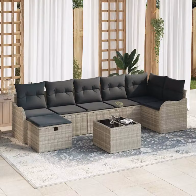 Set Divano da Giardino vidaXL 8 Pezzi a Forma di L in Poly Rattan con Cuscini e Tavolino, Grigio o Marrone