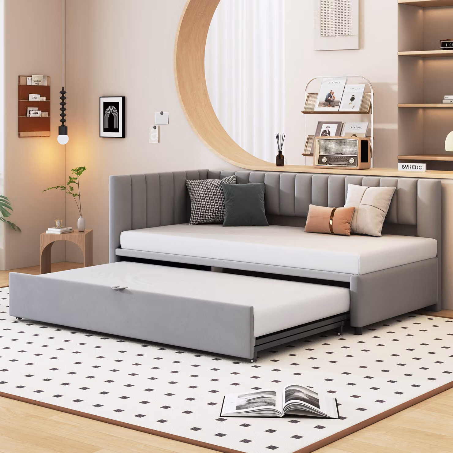 MODFU Divano letto a L con letto estraibile 90/180*200 cm, divano letto imbottito multifunzionale, letto per bambini e ragazzi, grigio chiaro (senza materasso)