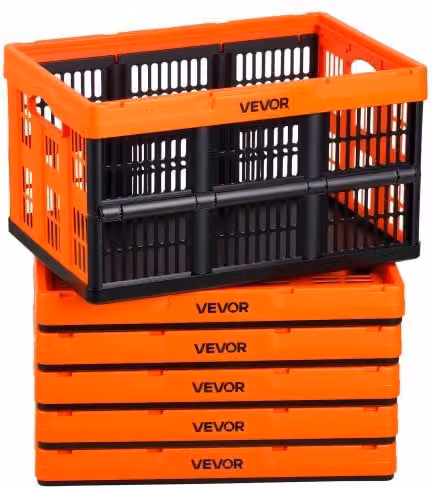 Set di 6 Scatole Portaoggetti Pieghevoli VEVOR in Plastica Mesh, Contenitori Impilabili con Maniglie, Colore Arancione, Capacità 45 L, Portata Massima 15 kg