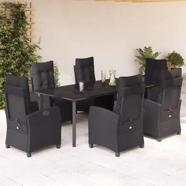 Set da Pranzo da Giardino vidaXL in Polyrattan e Vetro Nero con 7 Pezzi