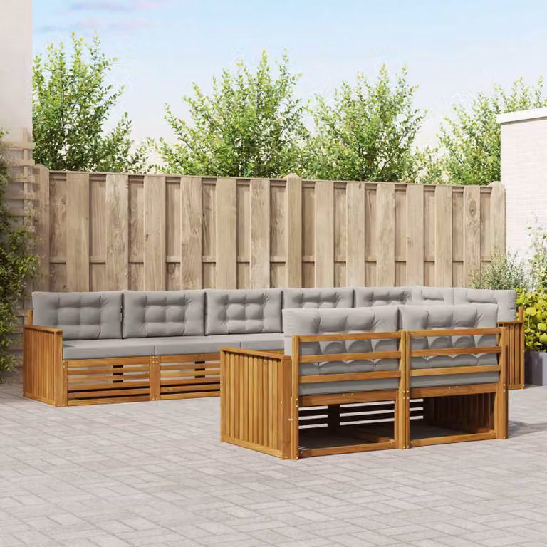 vidaXL Set di divani da esterno a L composto da 8 pezzi in legno di acacia con cuscini, Grigio e Marrone