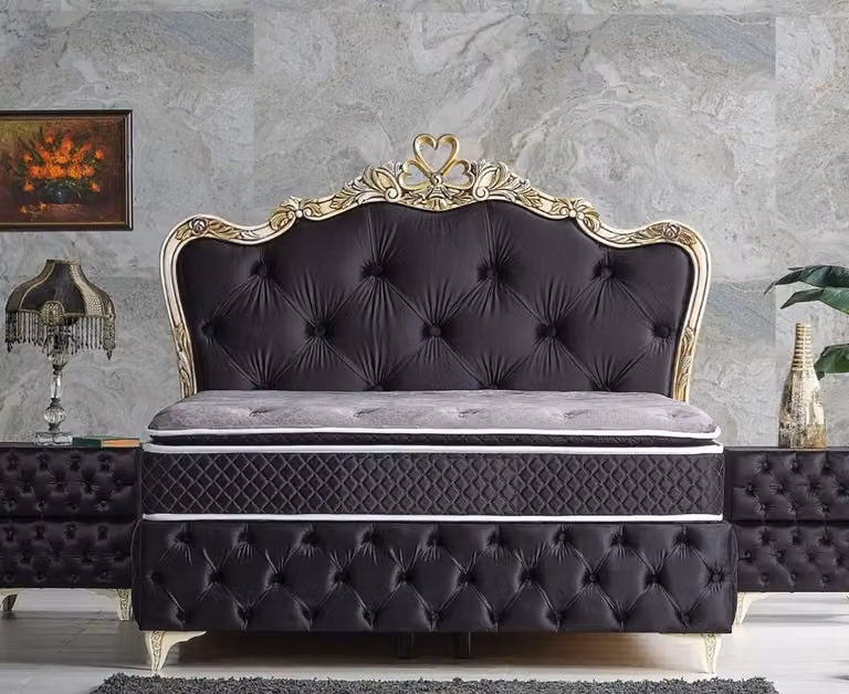 Casa Padrino set di mobili barocchi per camera da letto nero / crema / oro - Varie dimensioni - 1 letto matrimoniale barocco con materasso e 2 comodini barocchi - Camera da letto barocca e mobili per hotel