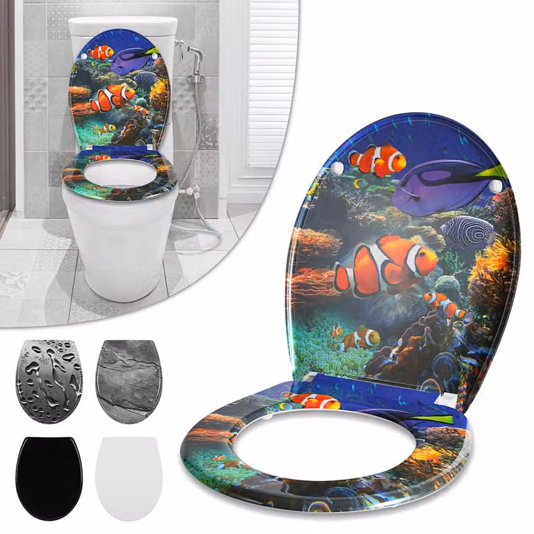 Copertura per WC Ikodm Duroplast con sistema di chiusura rallentata, motivo "Mondo Marino" ovale