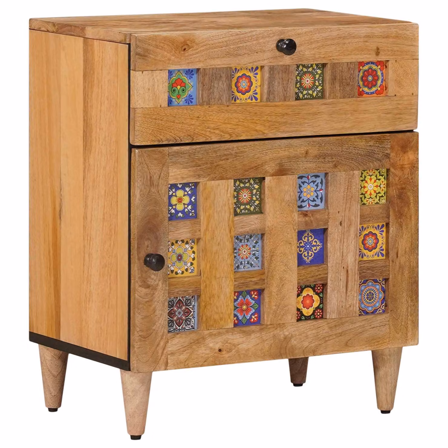 Armadio da notte vidaXL in legno di mango con decorazione floreale boho, colore marrone multicolore, L 50 cm x P 33 cm x H 60 cm