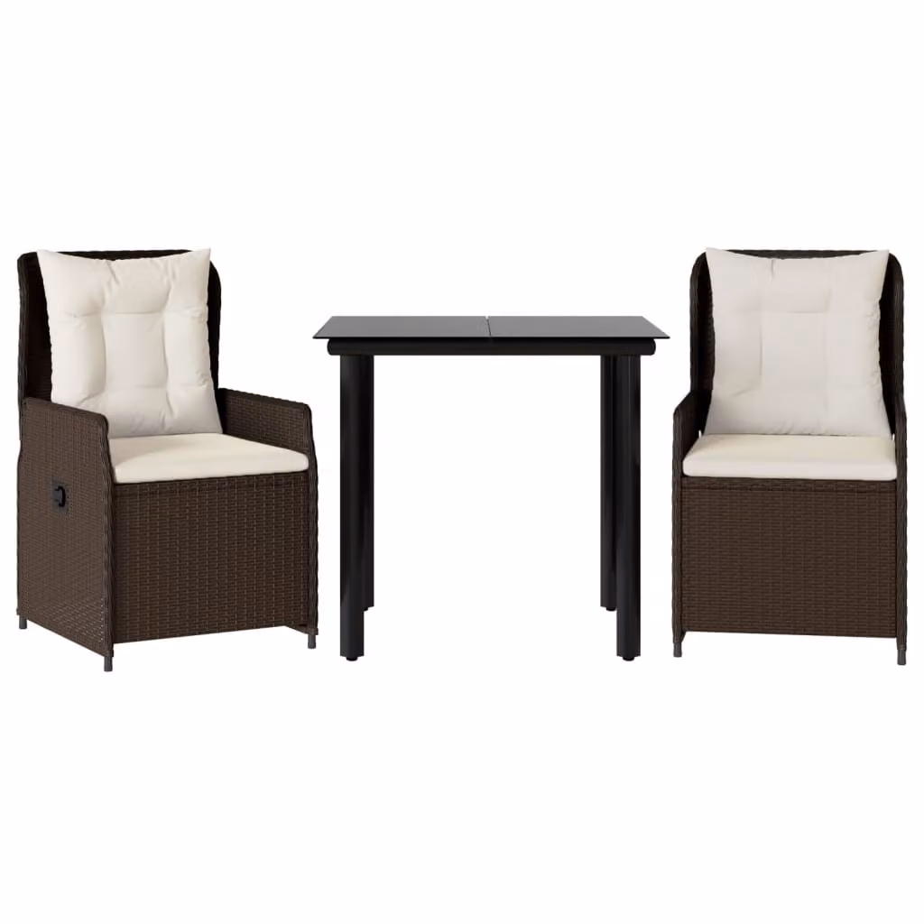 Set da Pranzo da Giardino 3pz con Cuscini in Polyrattan Marrone