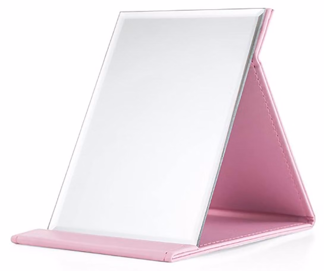 Specchio da trucco pieghevole, 25x18 cm, in ecopelle rosa