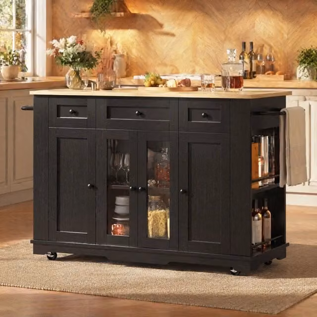 Isola da cucina pieghevole con piano effetto legno, nera