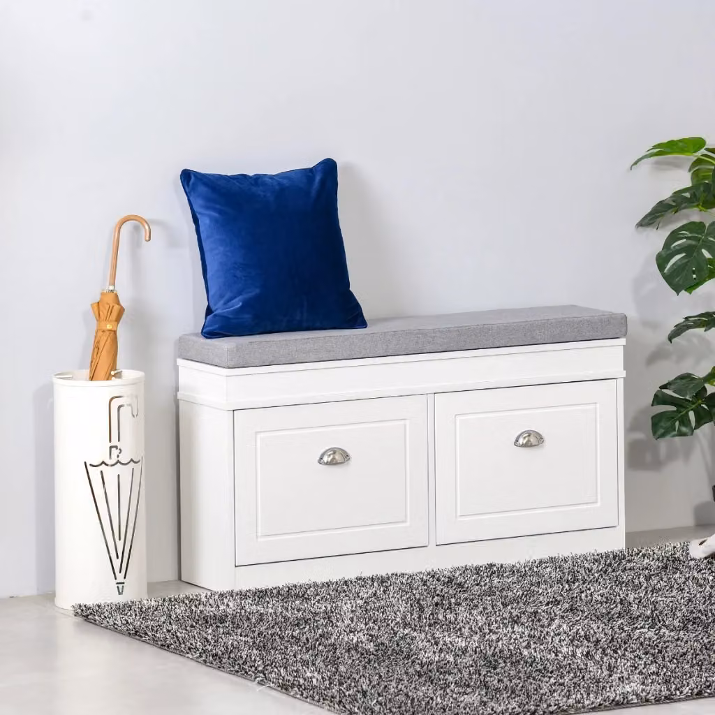 EasyComfort Panca Scarpiera Salvaspazio in Legno con Cuscino in Tessuto, 2 Cassetti con Mensola Regolabile, L/P/H: 120 x 24 x 55 cm, Bianco e Grigio – 2